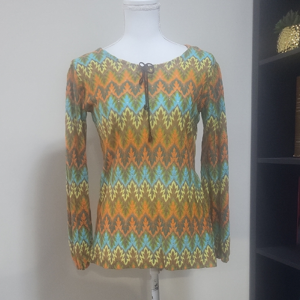 Vtg FANTASTIK INDUSTRIES Multicolor Flame Acrylic Open Knit Drawstring Neck Top